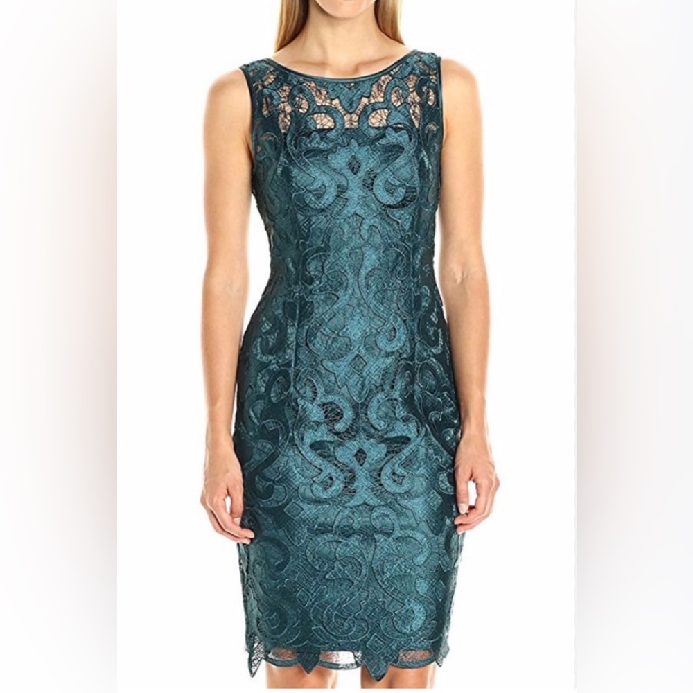 EUC Adrianna Papell Emerald Green Guipure Lace Sheath Midi Dress